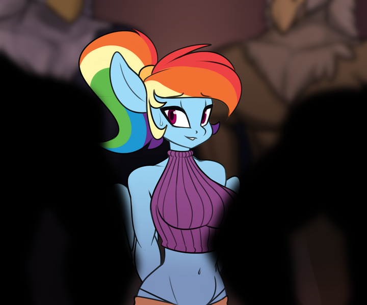 Size: 2400x2000 | Tagged: semi-grimdark, suggestive, artist:elzzombie, derpibooru import, rainbow dash, anthro, gryphon, pegasus, belly button, breasts, clothes, faceless male, female, gangbang, griffon on pony action, group sex, image, imminent rape, imminent sex, male, midriff, offscreen character, panties, png, ponytail, sex, sweat, thong, to be continued, underwear