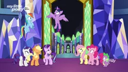 Size: 1920x1080 | Tagged: safe, derpibooru import, screencap, applejack, fluttershy, pinkie pie, rainbow dash, rarity, spike, starlight glimmer, twilight sparkle, twilight sparkle (alicorn), alicorn, dragon, pony, the beginning of the end, mane eight, mane seven, mane six, winged spike