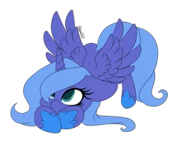 Size: 989x807 | Tagged: safe, artist:minelvi, artist:minty25, derpibooru import, princess luna, alicorn, pony, collaboration, cute, face down ass up, female, filly, hoof shoes, lunabetes, mare, signature, simple background, solo, transparent background, wings, woona, younger