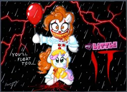 Size: 1024x745 | Tagged: artist:rammzblood, blood, crossover, crying, derpibooru import, grimdark, it, pennywise, pinkie pie, pinkiewise, rain, slasher smile, sweetie belle