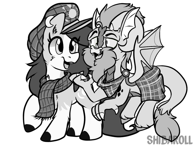 Size: 1600x1200 | Tagged: safe, artist:shibaroll, deleted from derpibooru, derpibooru import, oc, oc:krissthescott, oc:mad munchkin, unofficial characters only, original species, pony, doodle, duo, grayscale, illustration, monochrome, sketch