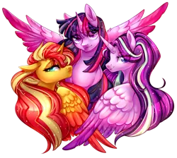 Size: 1000x896 | Tagged: safe, artist:cabbage-arts, derpibooru import, starlight glimmer, sunset shimmer, twilight sparkle, twilight sparkle (alicorn), alicorn, pony, alicornified, best friends, bust, colored wings, eye clipping through hair, female, gradient wings, magical trio, race swap, shimmercorn, signature, simple background, smiling, sparkles, spread wings, starlicorn, transparent background, trio, trio female, wing fluff, wings, xk-class end-of-the-world scenario