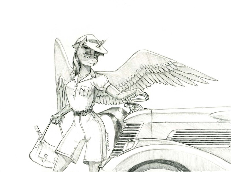 Size: 1400x1044 | Tagged: alicorn, anthro, artist:baron engel, car, clothes, derpibooru import, female, grayscale, hat, mare, monochrome, pencil drawing, safe, simple background, smiling, solo, traditional art, twilight sparkle, twilight sparkle (alicorn), white background