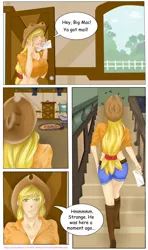 Size: 3484x5905 | Tagged: absurd resolution, applejack, artist:wild stallions, big breasts, breasts, breast squish, busty applejack, clothed female, clothes, cloud, comic:letter for big mac, comic:letter for big mac. vol. 1, derpibooru import, door, explicit source, fence, huge breasts, human, humanized, letter, living room, midriff, my little porno: friendship with benefits, patreon, rug, safe, speech bubble, stairs, tree, window