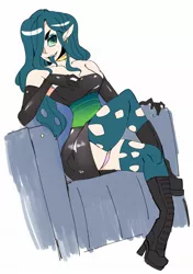 Size: 1237x1754 | Tagged: suggestive, artist:scarfyace, derpibooru import, queen chrysalis, human, blue eyeshadow, boots, breasts, chair, choker, clothes, crossed legs, dress, ear piercing, earring, evening gloves, eyeshadow, fangs, female, gloves, goth, hand on breasts, high heel boots, humanized, jewelry, long gloves, makeup, miniskirt, panties, piercing, pink panties, pink underwear, sharp teeth, shoes, simple background, sitting, skirt, skirt lift, socks, solo, solo female, stockings, teeth, thigh highs, thighs, tongue out, torn clothes, underwear, upskirt, vulgar description, white background