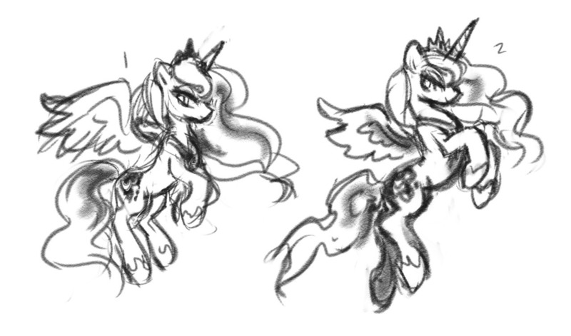 Size: 1280x753 | Tagged: safe, artist:lindsay cibos, derpibooru import, princess luna, alicorn, pony, black and white, female, flying, grayscale, hoof shoes, jewelry, looking at you, mare, monochrome, peytral, rough sketch, simple background, sketch, smiling, solo, tiara, white background