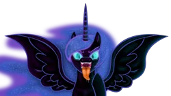 Size: 8800x4950 | Tagged: suggestive, artist:emu34b, derpibooru import, nightmare moon, alicorn, pony, absurd resolution, drool, fangs, female, glowing eyes, lidded eyes, looking at you, mare, mawshot, missing accessory, open mouth, sharp teeth, simple background, slit eyes, smiling, solo, solo female, spread wings, teeth, tongue out, transparent background, uvula, vector, wings