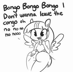 Size: 545x540 | Tagged: suggestive, artist:n0nnny, artist:tjpones, derpibooru import, sunset shimmer, twilight sparkle, equestria girls, equestria girls (movie), ..., andrews sisters, animated, ass, black and white, bongos, breasts, bunset shimmer, butt, butt bongo fiesta, civilization, civilization (song), duo, fallout, fallout 3, fallout 76, grayscale, lineart, monochrome, open mouth, ponied up, simple background, smiling, solo focus, spanking, spread wings, text, the ass was fat, white background, wings