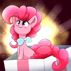 Size: 1600x1600 | Tagged: safe, artist:madacon, derpibooru import, pinkie pie, pony, blushing, bow, bowtie, box, cute, diapinkes, ear fluff, female, leg fluff, micro, pony in a box, present, simple background, smiling, solo, transparent background