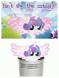 Size: 3106x4096 | Tagged: safe, derpibooru import, edit, princess flurry heart, alicorn, pony, abuse, background pony strikes again, downvote bait, drama, flurry heart drama, flurrybuse, gameloft, into the trash it goes, meme, op is a slowpoke, op isn't even trying anymore, trash can, wow! glimmer
