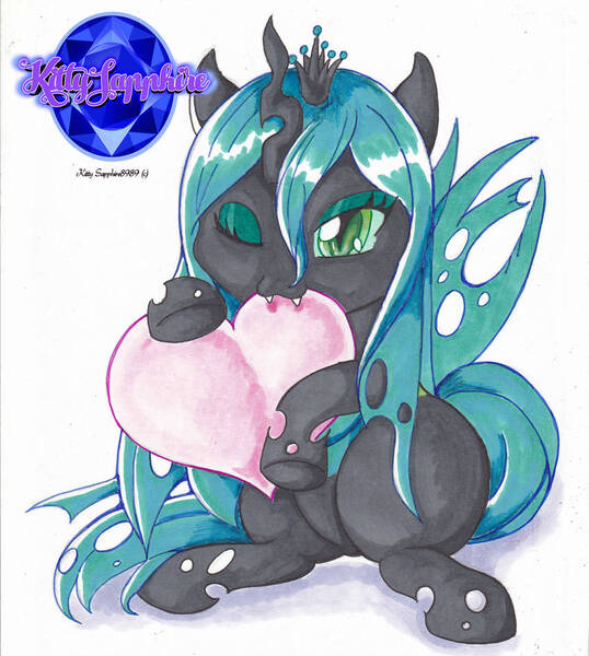 Size: 847x944 | Tagged: artist:ksapphire8989, biting, changeling, changeling queen, chibi, commission, cute, cutealis, derpibooru import, fangs, female, heart, one eye closed, queen chrysalis, safe, signature, simple background, sitting, solo, white background