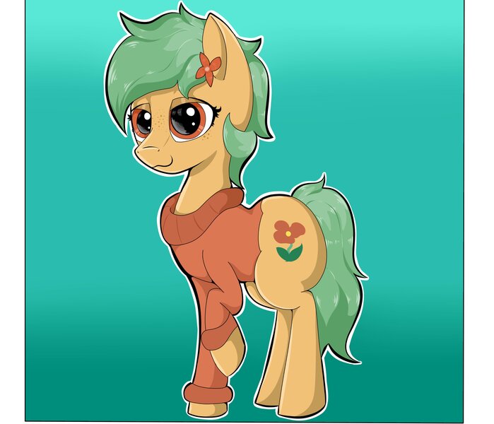 Size: 4096x3515 | Tagged: safe, artist:waffletheheadmare, derpibooru import, oc, oc:flowish, unofficial characters only, pony, :3, cat face, clothes, cutie mark, eyelashes, eyeshadows, female, flower, flower in hair, full body, green hair, green mane, green tail, mare, one hoof raised, orange coat, orange eyes, simple background, smiling, sweater