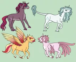 Size: 2749x2278 | Tagged: safe, artist:misskanabelle, derpibooru import, oc, oc:cresent shine, oc:iridium chalice, oc:pink promenade, oc:starburst, unofficial characters only, classical hippogriff, classical unicorn, hippogriff, hybrid, pegasus, pony, unicorn, cloven hooves, colored hooves, colored wings, female, glasses, gradient wings, green background, interspecies offspring, leonine tail, magical lesbian spawn, mare, multicolored wings, offspring, parent:fancypants, parent:fleur-de-lis, parent:moondancer, parent:pinkie pie, parent:princess skystar, parent:star bright, parent:sunset shimmer, parent:trixie, parents:fancyfleur, parents:moonbright, parents:skypie, parents:suntrix, simple background, unshorn fetlocks, wings