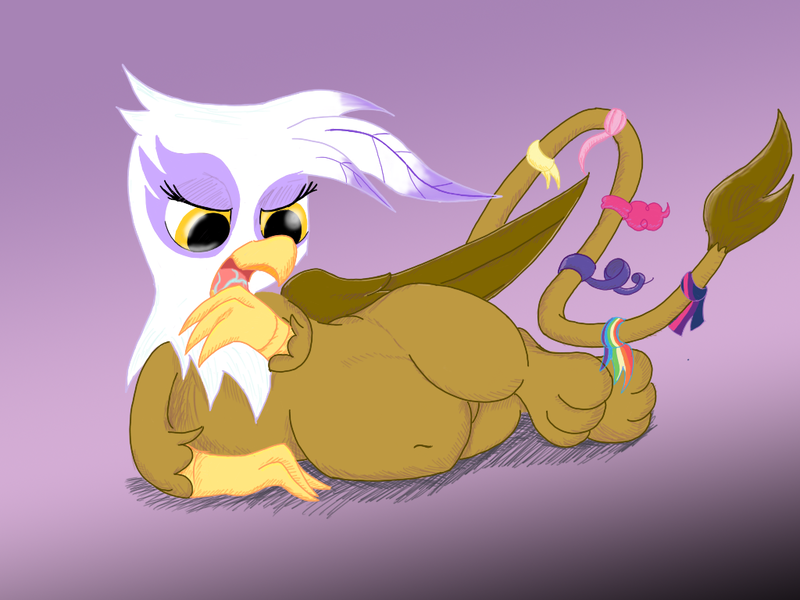 Size: 1024x768 | Tagged: questionable, semi-grimdark, artist:mrleft, derpibooru import, gilda, gryphon, digestion, fetish, flutterprey, food chain, gildapred, griffons doing griffon things, hair lock, implied applejack, implied death, implied digestion, implied fluttershy, implied mane six, implied pinkie pie, implied rainbow dash, implied rarity, implied twilight sparkle, multiple prey, mythologically accurate, pinkie prey, post-vore, predator, prey, preydash, preyjack, preylight, rariprey, simple background, vore, weight gain