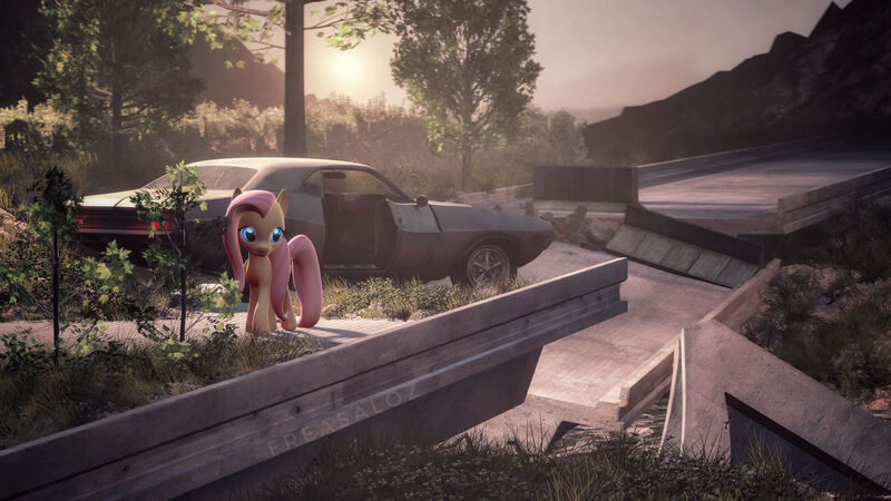 Size: 1280x720 | Tagged: safe, artist:freasaloz, derpibooru import, fluttershy, pony, 3d, bridge, car, solo, source filmmaker, tree