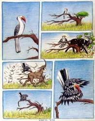 Size: 1716x2188 | Tagged: africa, antelope, artist:thefriendlyelephant, awakening, barely pony related, bird, comic, comic:sable story, derpibooru import, grass, oc, oc:sabe, oc:uganda, red-billed hornbill, running, safe, sleeping, tree, unofficial characters only