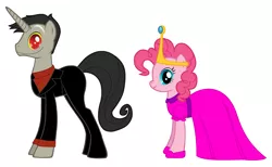 Size: 3840x2360 | Tagged: safe, derpibooru import, discord, pinkie pie, pony, pony creator, adventure time, business suit, clothes, crown, discopie, dress, female, hooves, jewelry, male, nergal, pony discord, princess bubblegum, regalia, shipping, straight