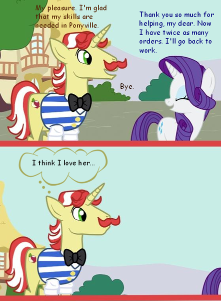 Size: 559x759 | Tagged: safe, artist:bpie, derpibooru import, flam, rarity, pony, unicorn, bowtie, comic strip, facial hair, female, male, moustache, rariflam, shipping, straight