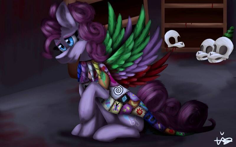 Size: 1280x800 | Tagged: semi-grimdark, artist:lordofthefeathers, derpibooru import, pinkie pie, earth pony, pony, fanfic:cupcakes, basement, blood, blood splatter, cloak, clothes, cutie mark, cutie mark dress, dead, female, hat, jewelry, mare, necklace, party hat, raised hoof, sad, sitting, skull, solo