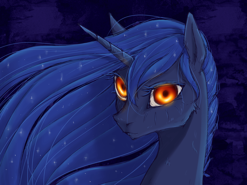 Size: 1500x1125 | Tagged: safe, artist:madhotaru, derpibooru import, princess luna, alicorn, pony, black hole, bust, cheek fluff, chin fluff, ear fluff, ethereal mane, female, fluffy, glowing eyes, looking at you, mare, messier 87, neck fluff, portrait, smiling, solo, starry mane, stars