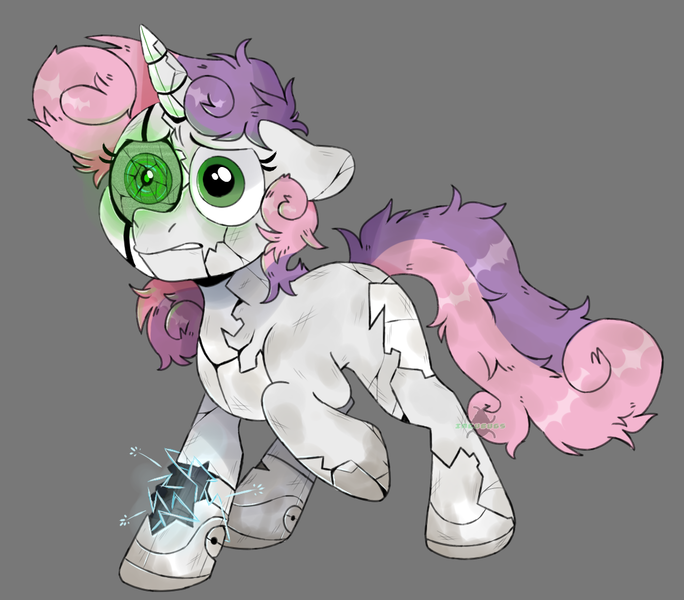 Size: 1113x977 | Tagged: safe, artist:incubugs, artist:mega-bugsly, derpibooru import, sweetie belle, pony, robot, robot pony, unicorn, broken, damaged, destabilize, dirty, female, filly, foal, gray background, green eyes, in need of repair, robot gore, sad, scared, simple background, solo, sweetie bot