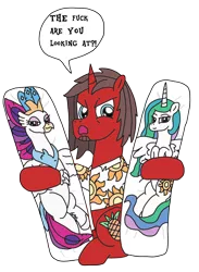 Size: 1458x1991 | Tagged: safe, artist:supahdonarudo, derpibooru import, princess celestia, queen novo, oc, oc:ironyoshi, unicorn, my little pony: the movie, angry, bedroom eyes, body pillow, clothes, exclamation point, holding, interrobang, question mark, shirt, simple background, speech, speech bubble, swearing, talking, transparent background, vulgar