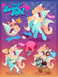 Size: 1577x2075 | Tagged: safe, artist:zombie, derpibooru import, oc, oc:sweet riot, unofficial characters only, bat pony, pony, bandana, bat pony oc, bat wings, boots, choker, clothes, cutie mark, fangs, female, glasses, headband, headphones, looking at you, overalls, pale belly, reference sheet, shoes, skirt, skull, socks, sweater, thigh highs, wings