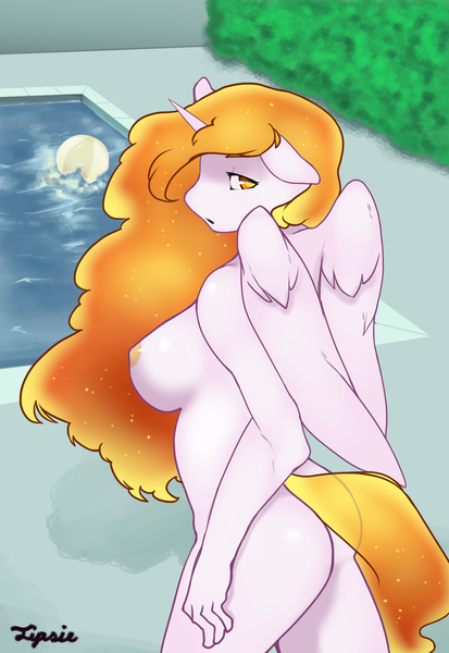 Size: 1200x1745 | Tagged: alicorn, alternate color palette, anthro, artist:hot headed clover, big breasts, breasts, derpibooru import, female, mare, nipples, nudity, pinup, princess celestia, questionable, sideboob, solo, solo female, summer, swimming pool