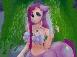 Size: 1280x957 | Tagged: artist:wimsie, breasts, busty pinkie pie, centaur, derpibooru import, deviantart watermark, female, flower, flower bra, obtrusive watermark, pinkamena diane pie, pinkie pie, rain, solo, solo female, suggestive, watermark