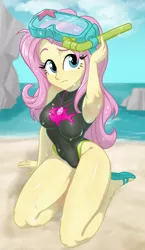 Size: 720x1240 | Tagged: safe, artist:ta-na, derpibooru import, fluttershy, starfish, equestria girls, adorasexy, armpits, beach, belly button, clothes, cute, diving goggles, flip-flops, fluttershy's one-piece swimsuit, geode of fauna, image, jewelry, magical geodes, necklace, one-piece swimsuit, png, rock, sandals, sexy, shore, shyabetes, snorkel, solo, swimsuit, thighs, wet