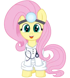 Size: 900x1000 | Tagged: artist needed, source needed, safe, derpibooru import, fluttershy, pony, clothes, cute, doctor, head mirror, lab coat, shyabetes, simple background, smiling, solo, stethoscope, transparent background