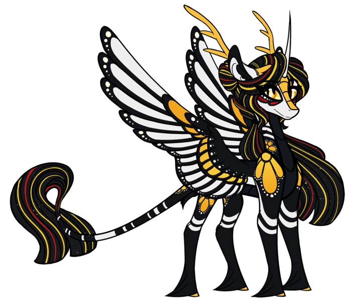 Size: 1600x1343 | Tagged: safe, artist:australian-senior, derpibooru import, oc, oc:niomedes invictus, unofficial characters only, alicorn, kirin, winged kirin, kirindos, alternate universe, antlers, colored hooves, colored sclera, female, glados, golden eyes, image, leonine tail, png, portal (valve), solo, unshorn fetlocks