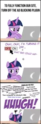 Size: 2000x6000 | Tagged: safe, artist:mrkat7214, derpibooru import, twilight sparkle, twilight sparkle (alicorn), alicorn, pony, comic:twilight vs. computer, adblock, ads, annoyed, comic, computer, cursor, desk, dexterous hooves, facedesk, female, frown, funny, glare, implied pinkie pie, laptop computer, lidded eyes, looking down, mare, simple background, solo, spam, unamused, white background