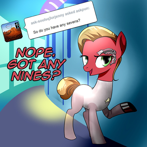 Size: 800x800 | Tagged: safe, artist:gashiboka, derpibooru import, oc, oc:pun, earth pony, pony, ask pun, ask, borg, female, mare, pun, seven of nine, solo, star trek, star trek: voyager