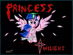 Size: 1024x780 | Tagged: grimdark, artist:rammzblood, derpibooru import, twilight sparkle, twilight sparkle (alicorn), alicorn, pony, alternate color palette, alternate design, bandage, blood, makeup