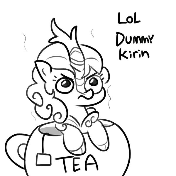 Size: 1650x1650 | Tagged: safe, artist:tjpones, derpibooru import, autumn blaze, pony, angry, cup, cup of pony, cute, female, food, frown, glare, grayscale, image, jpeg, kirin beer, kirin tea, lineart, looking up, madorable, micro, monochrome, mundane utility, ponies in food, simple background, solo, tea, teabag, teacup, teapot, text, this will end in fire, this will end in nirik, unamused, white background