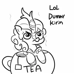 Size: 1650x1650 | Tagged: safe, artist:tjpones, derpibooru import, autumn blaze, pony, angry, cup, cup of pony, cute, female, food, frown, glare, grayscale, image, jpeg, kirin beer, kirin tea, lineart, looking up, madorable, micro, monochrome, mundane utility, ponies in food, simple background, solo, tea, teabag, teacup, teapot, text, this will end in fire, this will end in nirik, unamused, white background