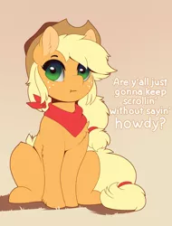 Size: 2280x3000 | Tagged: safe, artist:evehly, derpibooru import, applejack, earth pony, pony, :t, applejack's hat, bronybait, caption, chest fluff, comment bait, cowboy hat, cute, dialogue, ear fluff, female, freckles, gradient background, hat, high res, howdy, jackabetes, leg fluff, looking at you, mare, neckerchief, sitting, solo, stetson, y'all