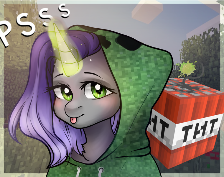 Size: 2380x1880 | Tagged: safe, derpibooru import, edit, oc, oc:moonsonat, pony, clothes, collaboration, creeper, cute, dynamite, explosives, glowing horn, hoodie, horn, minecraft, sky, solo, text, tnt, tree