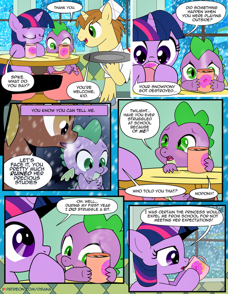 Size: 1275x1650 | Tagged: safe, artist:dsana, derpibooru import, donut joe, spike, twilight sparkle, dragon, pony, unicorn, comic:the shadow shard, bully, bullying, chocolate, colt, comic, dialogue, female, filly, filly twilight sparkle, flashback, food, hot chocolate, male, patreon, patreon logo, stallion, unicorn twilight, younger