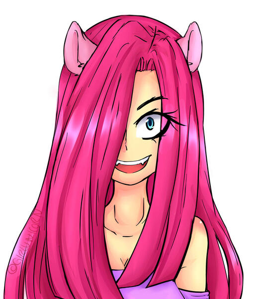 Size: 1024x1197 | Tagged: artist:girlunicorn, cute, cute little fangs, derpibooru import, eared humanization, fangs, female, hair over one eye, human, humanized, pinkamena diane pie, pinkie pie, safe, simple background, solo, white background