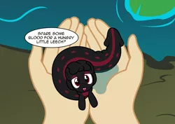 Size: 3144x2226 | Tagged: safe, artist:badumsquish, derpibooru import, oc, unofficial characters only, fish, human, lamprey, leech, leech pony, monster pony, original species, pony, dialogue, fangs, freckles, hand, holding a pony, hungry, in goliath's palm, lidded eyes, lilypad, looking at you, misconception, misleading thumbnail, offscreen character, open mouth, phallic symbol, pond, pov, smiling, solo focus, spots, stripe, talking to viewer, water, wet