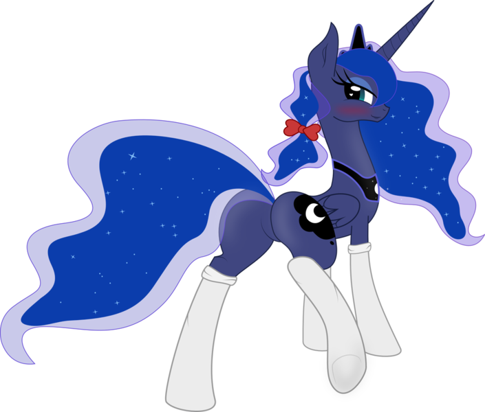 Size: 969x825 | Tagged: suggestive, artist:ifoxtrax, derpibooru import, princess luna, alicorn, pony, beautiful, bedroom eyes, blushing, bow, butt, clothes, crown, featureless crotch, female, hair bow, jewelry, looking at you, looking back, looking back at you, mare, plot, regalia, sexy, simple background, smiling, socks, solo, solo female, stockings, thigh highs, transparent background