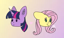 Size: 1024x615 | Tagged: safe, artist:ghostygirl01, artist:ghostygirl02, derpibooru import, fluttershy, twilight sparkle, pony, chibi, disembodied head, female, gradient background, head, heart, lesbian, shipping, twishy