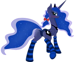 Size: 976x819 | Tagged: suggestive, alternate version, artist:ifoxtrax, derpibooru import, princess luna, alicorn, pony, beautiful, bedroom eyes, blue underwear, blushing, bow, butt, clothes, crown, female, hair bow, jewelry, looking at you, looking back, looking back at you, mare, panties, plot, regalia, sexy, simple background, smiling, socks, solo, solo female, stockings, striped socks, thigh highs, transparent background, underwear