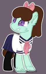 Size: 549x867 | Tagged: safe, artist:bluedinoadopts, derpibooru import, oc, oc:yanni dairy, unofficial characters only, earth pony, pony, black socks, bow, clothes, cute, ear fluff, female, grin, hair bow, heart eyes, pleated skirt, ponytail, purple background, school uniform, schoolgirl, simple background, skirt, smiling, socks, solo, stockings, teenager, thigh highs, wingding eyes, yandere, zettai ryouiki