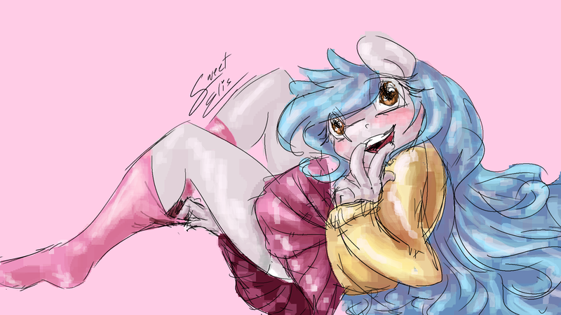 Size: 1920x1080 | Tagged: safe, artist:elisdoominika, derpibooru import, oc, oc:sweet elis, unofficial characters only, anthro, earth pony, blue hair, blue mane, blushing, clothes, cute, kneesocks, legs, legs in air, looking at you, miniskirt, open mouth, panties, pink, pink background, pleated skirt, simple background, skirt, skirt lift, smiling, smiling at you, socks, solo, sweater, thighs, tights, underwear, yellow