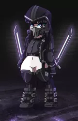 Size: 2498x3870 | Tagged: safe, artist:ciderpunk, derpibooru import, oc, oc:blackdahlia, oc:spectra, unofficial characters only, pony, clothes, cyberpunk, gas mask, hood, mask, solo, standing, sword, weapon