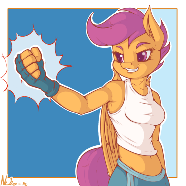 Size: 1200x1200 | Tagged: safe, artist:neko-me, derpibooru import, scootaloo, anthro, apple bloomers, belly button, breasts, busty scootaloo, clothes, cute, cutealoo, ear fluff, female, fingerless gloves, fist, gloves, image, midriff, older, pants, png, solo, tanktop, wing fluff