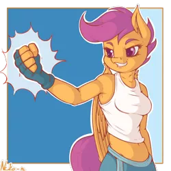 Size: 1200x1200 | Tagged: safe, artist:neko-me, derpibooru import, scootaloo, anthro, apple bloomers, belly button, breasts, busty scootaloo, clothes, cute, cutealoo, ear fluff, female, fingerless gloves, fist, gloves, image, midriff, older, pants, png, solo, tanktop, wing fluff